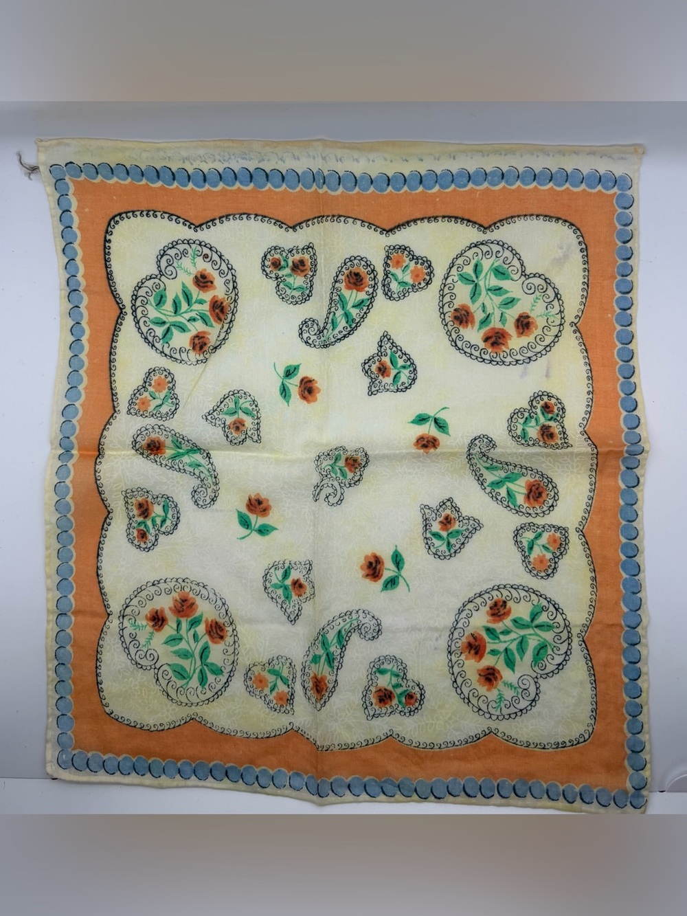 Vintage Mid-Century Floral Paisley Cotton Handkerchief - Orange Border & Rose
